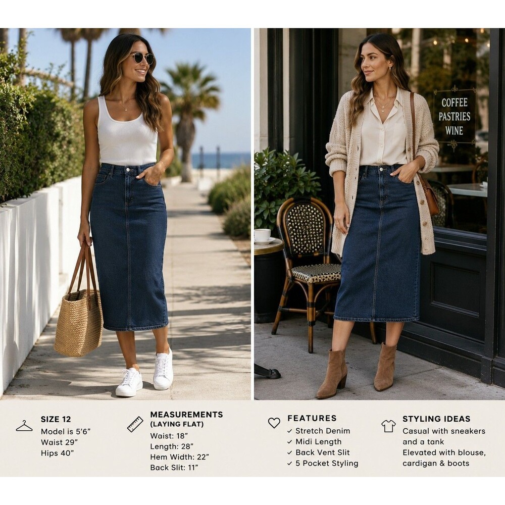 Universal Thread Denim Midi Skirt Size 12 Blue Stretch Pencil Y2K Modest Casual